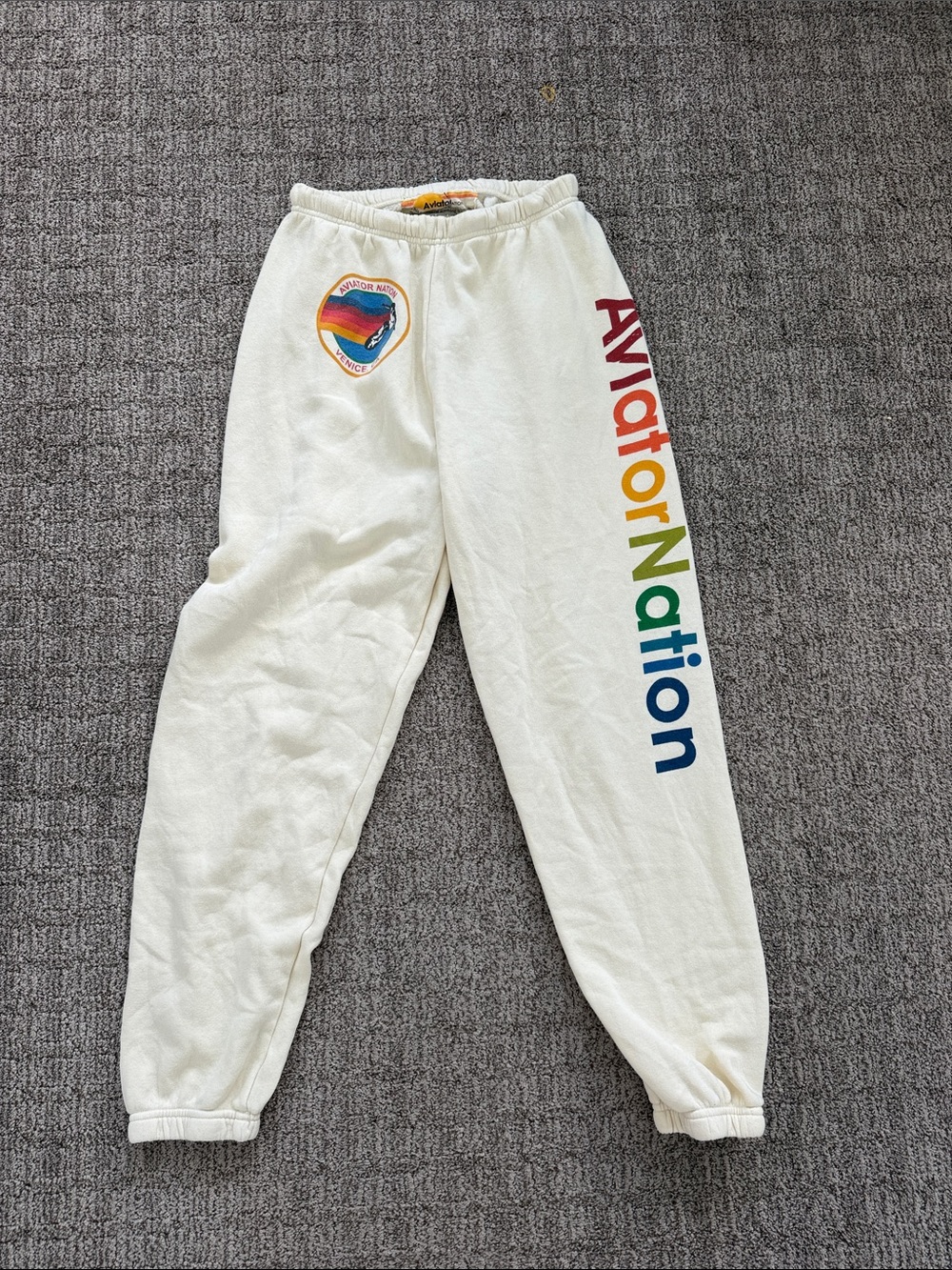 Aviator Nation women’s Cream Sweatpants with Rainbow Logo